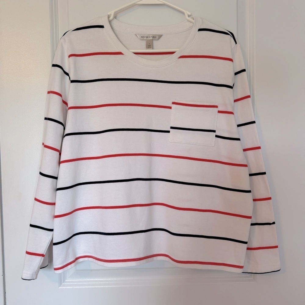 Banana Republic Large Woman’s White Shirt with Red and Navy Stripes